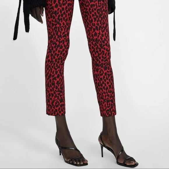 NEW Zara Basic cheetah red/black cropped pant Small Safari Casual - Picture 2 of 15